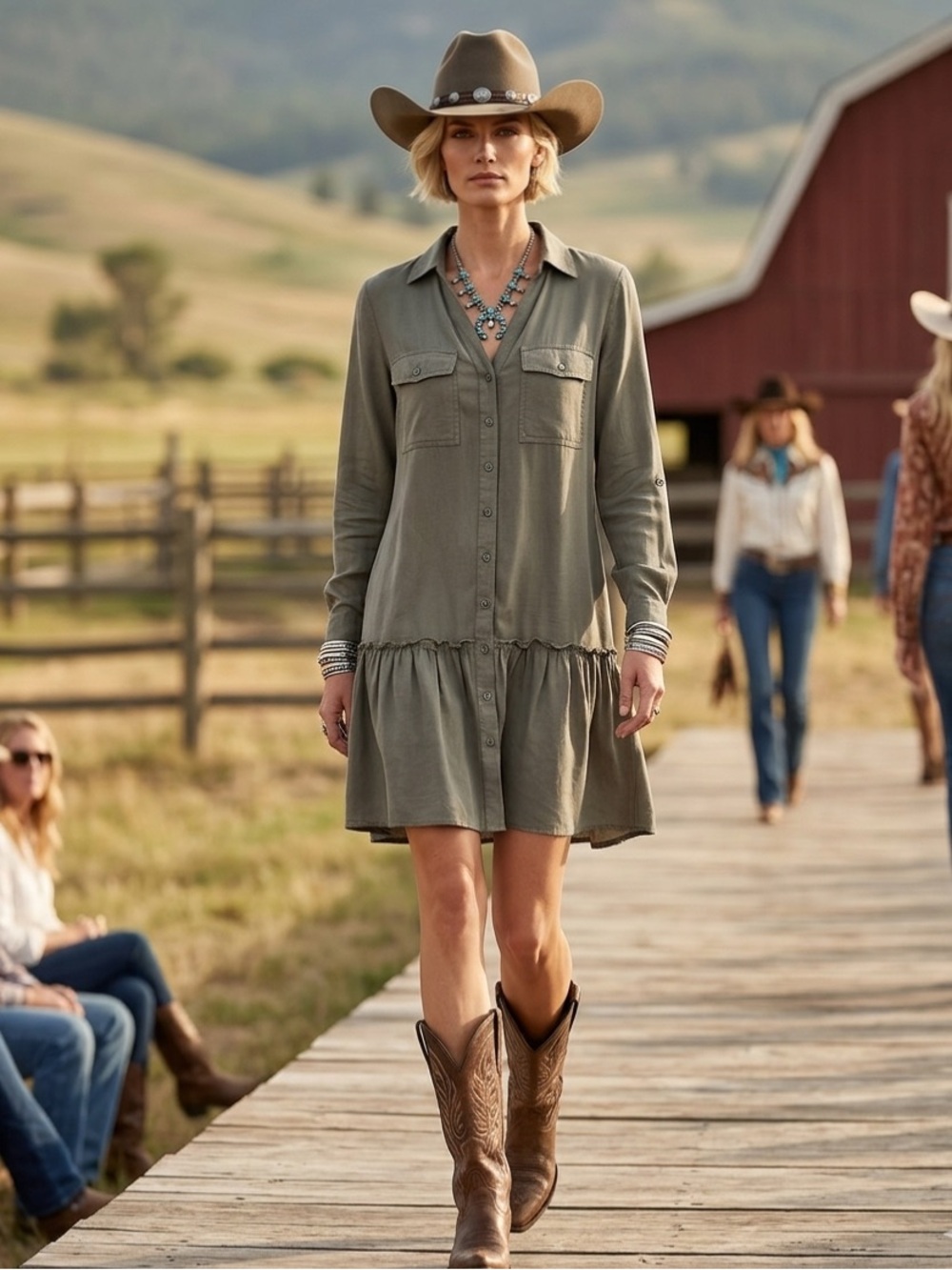 So Olive Western Button-Front Ruffled Mini Dress Tunic S Epaulet Cuff Sleeves